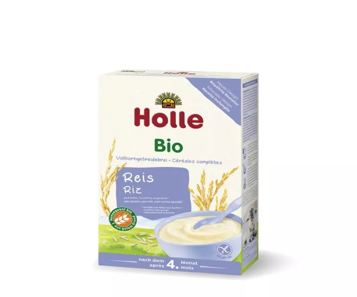 Box of Holle Bio organic rice cereal for babies, suitable from 4 months, labeled in German and French with a green organic certification badge.