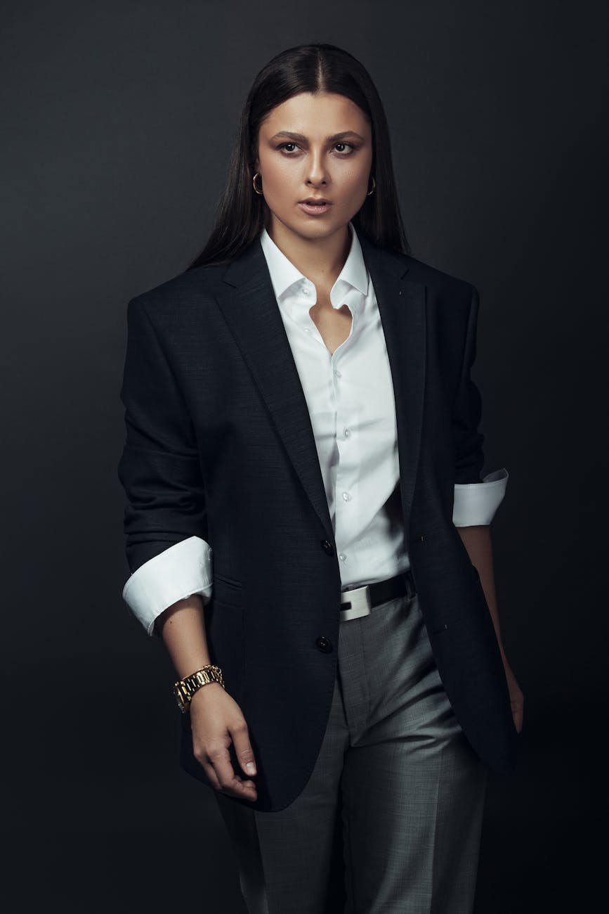 attractive brunette woman wearing classic office clothing