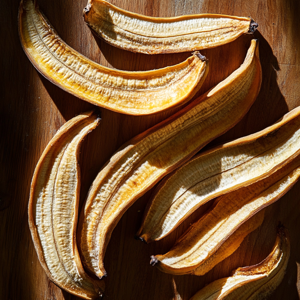 Cascas de banana secas em uma bancada, prontas para trituração.