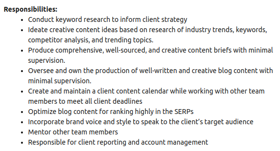 Alt: Job requirements for an SEO content manager role.