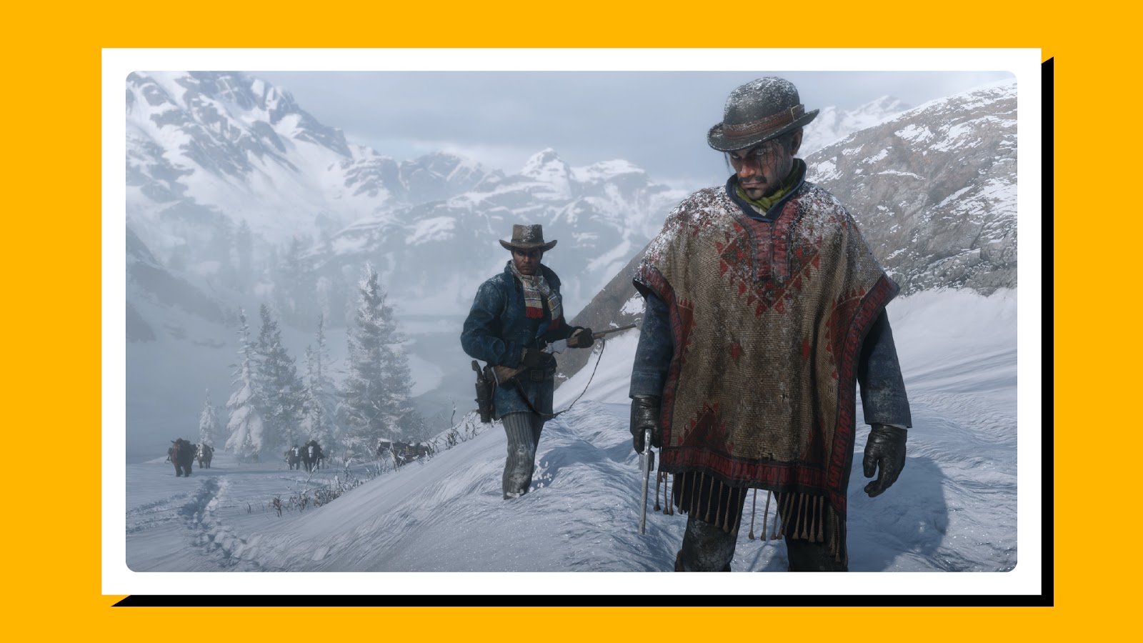 Screenshot of gameplay from Red Dead Redemption 2 with characters walking through snow