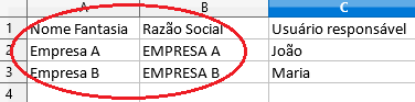 Trecho de uma planilha Excel exibindo colunas 'Nome Fantasia', 'Razão Social' e 'Usuário responsável'. As linhas 2 e 3 mostram dados de exemplo 'Empresa A' e 'Empresa B' nas primeiras duas colunas, destacadas por um círculo vermelho.