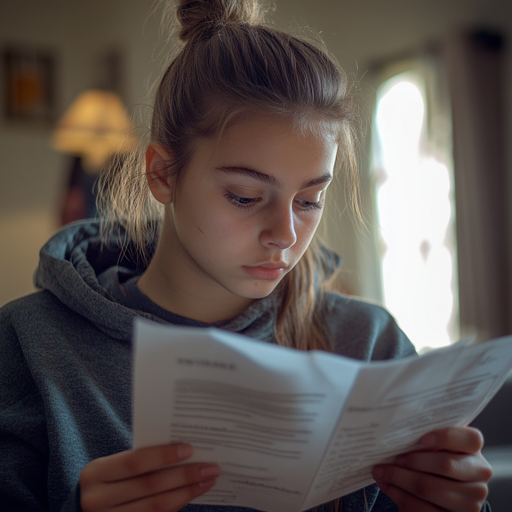 A girl looking at documents in her hands | Source: Midjourney