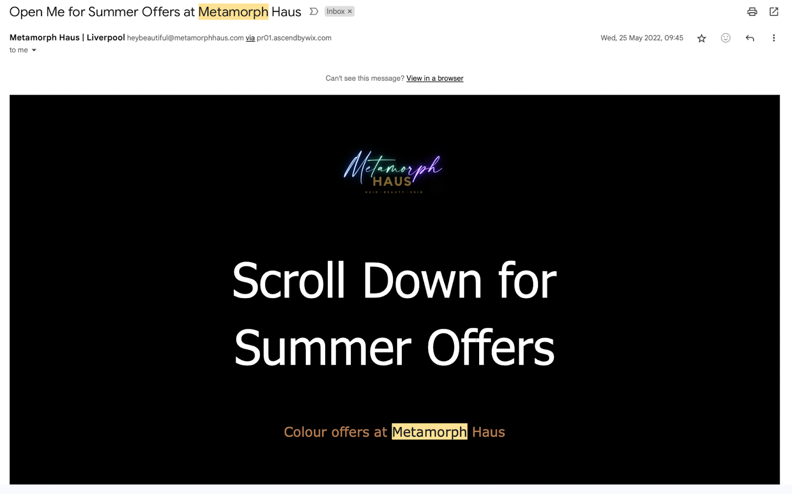A screenshot of a promotional salon newsletter with promotions.