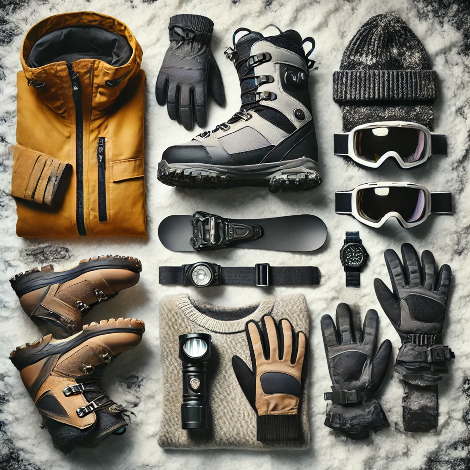 an image of all the snowgear you may need while you are night snowboarding