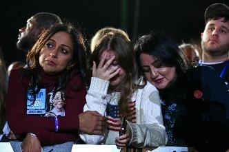 Supporters react to election results during an election night event for Vice President and Democratic presidential candidate Kamala Harris at Howard University in Washington, D.C., on Nov. 5, 2024.