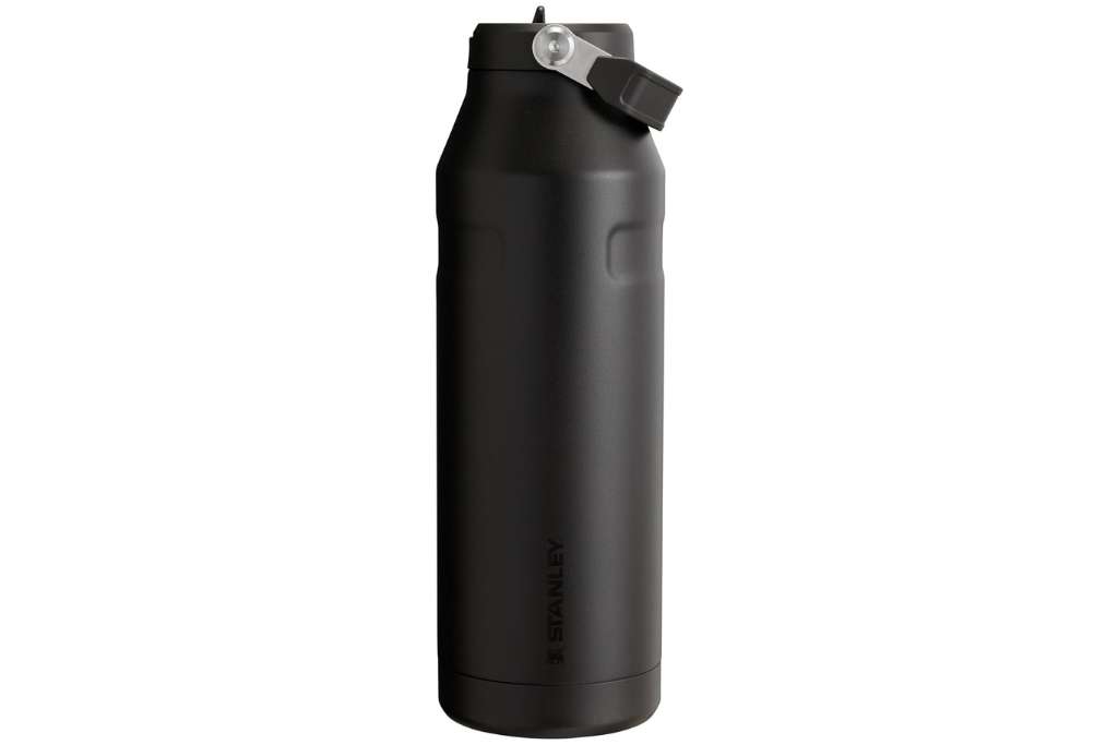 black metal water bottle with black and silver handle
