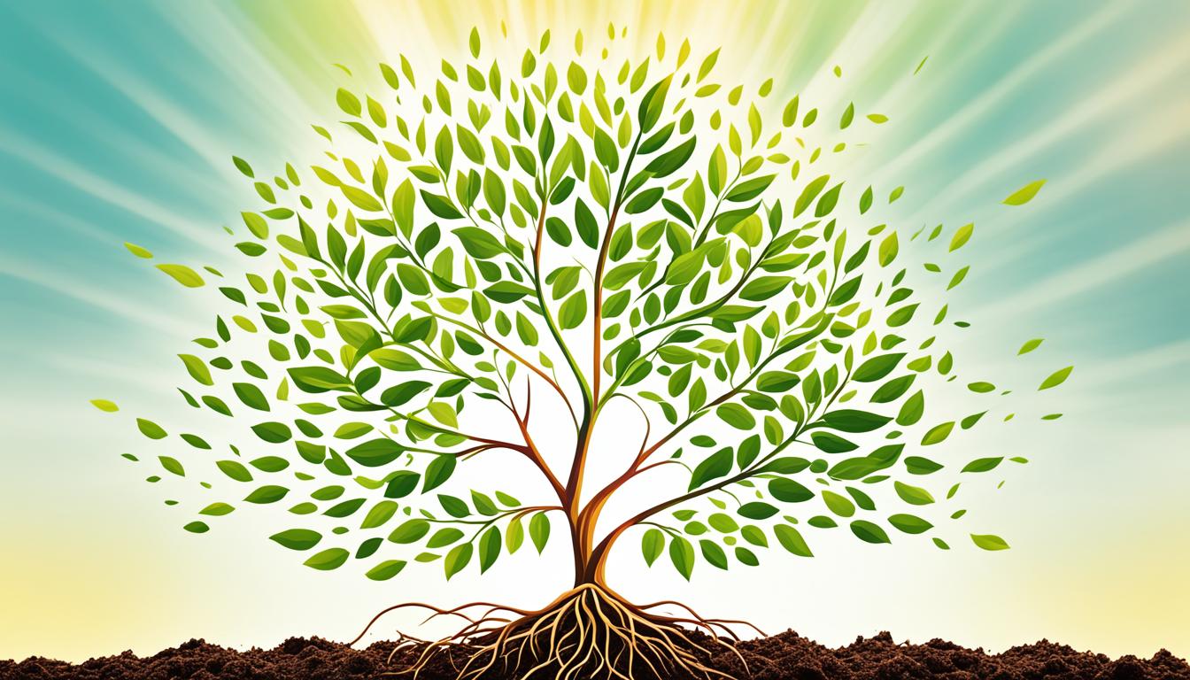 An image of a plant growing towards the sun, with roots firmly planted in the ground and branches reaching upwards. Let the leaves represent different goals and aspirations that you want to manifest in your life. Show the plant thriving and healthy, surrounded by a supportive environment that nurtures growth. Use warm, vibrant colors to represent the energy and enthusiasm you feel towards achieving your dreams.