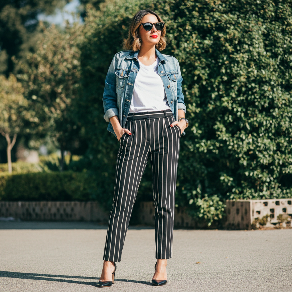 Woman in denim jacket and striped pants