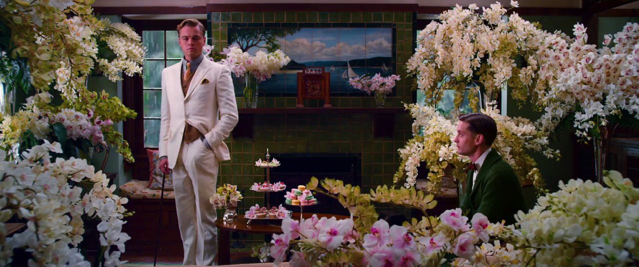 great gatsby movie scene covered by artificial flowers and Plants