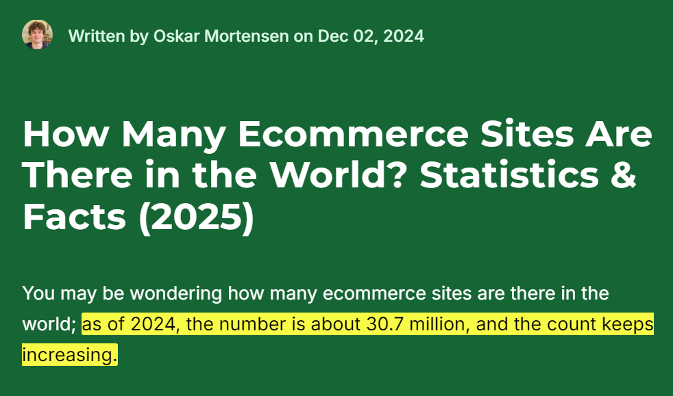 A screenshot showing the number of eCommerce sites in the world