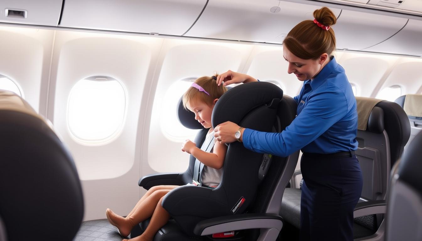 Parent installing car seat on airplane with flight attendant helping
