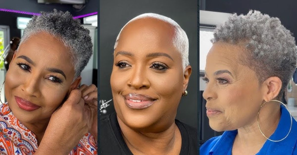 Three women with gray hair and one with silver hair, showcasing their Natural Color TWA hairstyles in a vibrant setting.