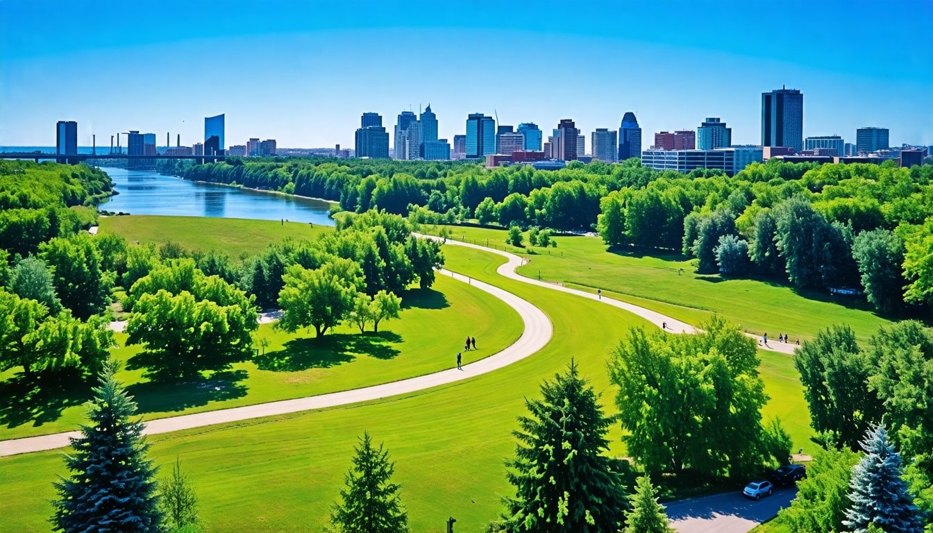 A serene view of Edmonton's river valley park system on a sunny day.