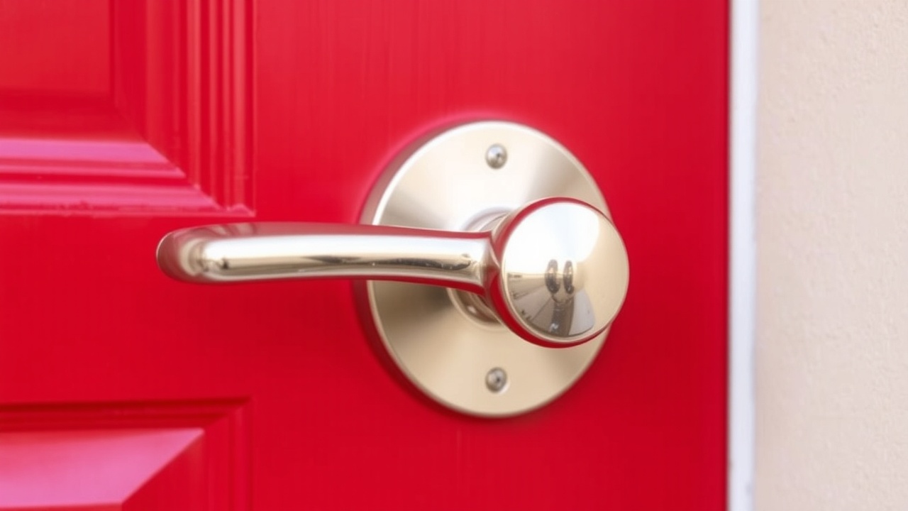 A close-up of a door handle on a bright red composite door.