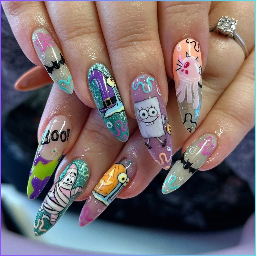 Close up of nails with spooky nails having SpongeBob Nails