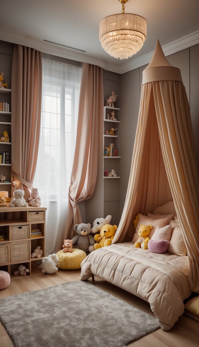 The luxury kids bedroom features a grand canopy bed, elegant chandelier, plush carpet, and a play area with colorful toys and books