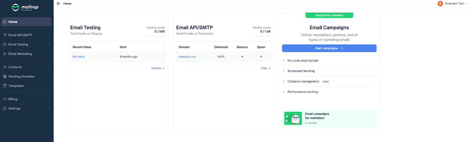 Páginal inicial da Plataforma de Email Delivery do Mailtrap