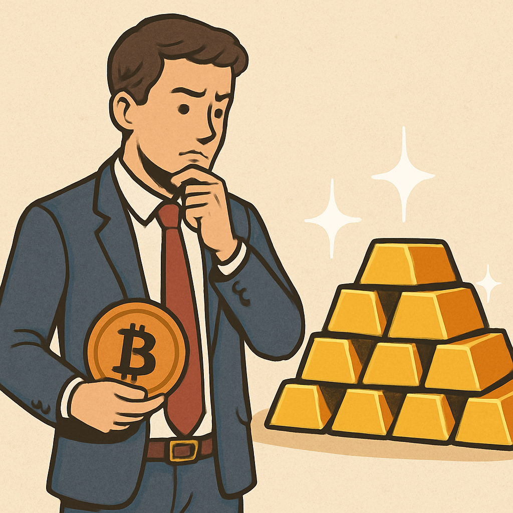 Illustration of a cryptocurrency investor looking at gold bars