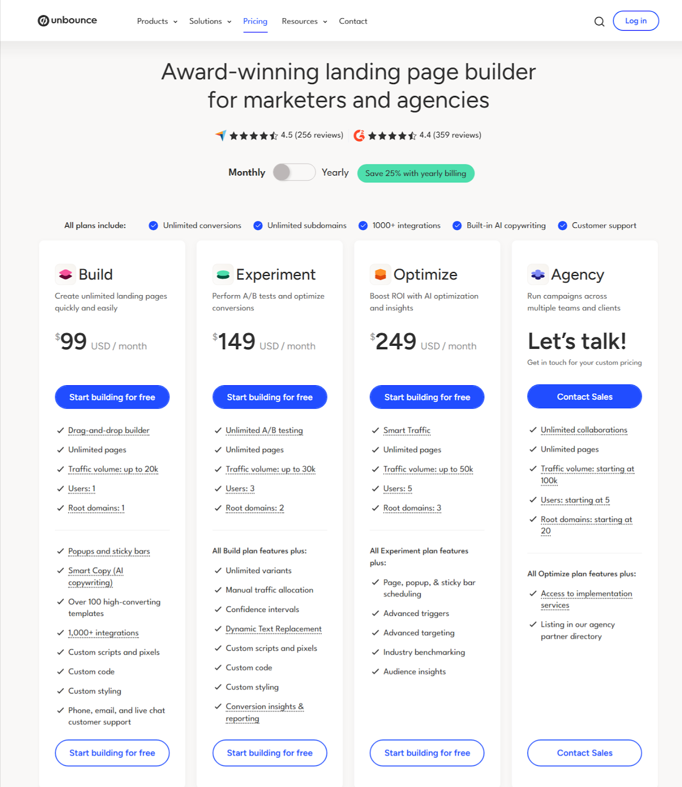Screenshot displaying Unbounce's pricing plans with monthly and yearly billing options