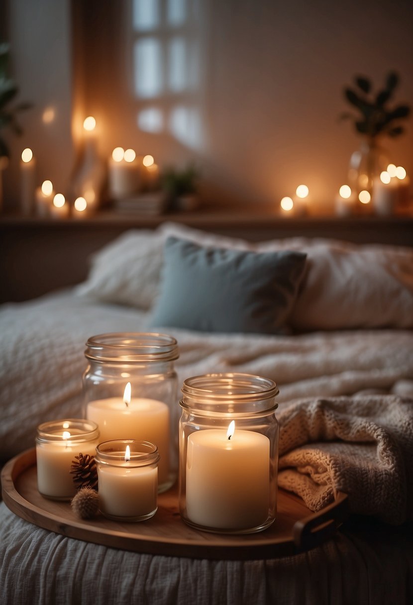 A cozy bedroom with soft lighting from candles, creating a warm and inviting atmosphere. The candles are placed strategically around the room, adding a touch of elegance and relaxation to the space