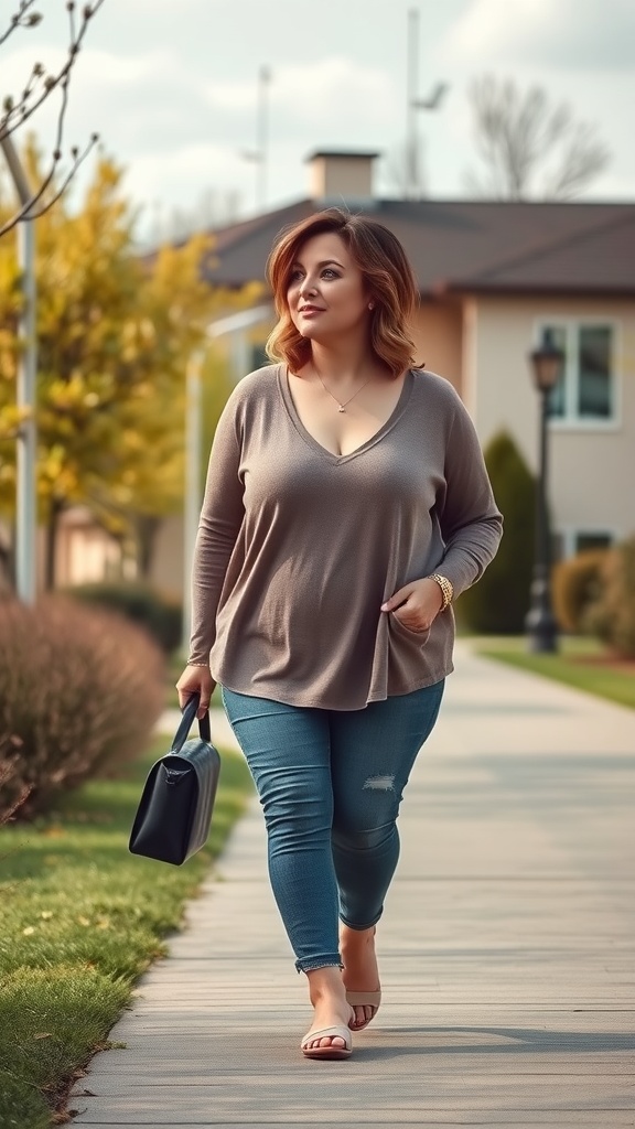 A woman walking outdoors with a classic lob hairstyle and subtle waves, dressed casually.