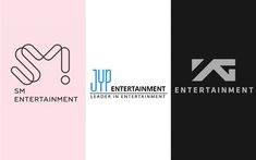 This contain the logo for an entertainment company is shown in three different colors and font styles, including black