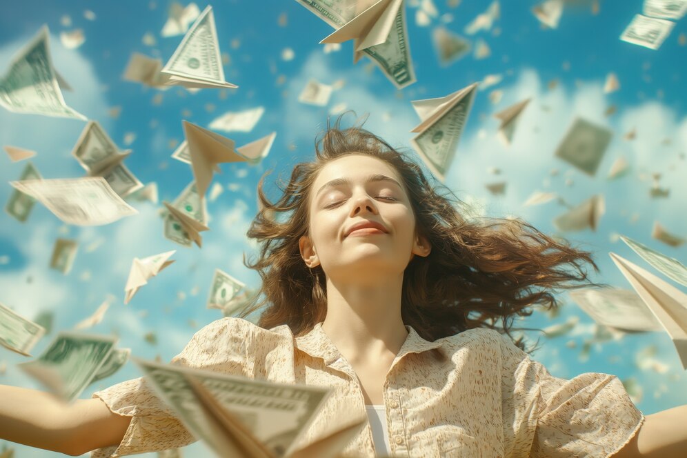 (woman surrounded by dollar paper airplanes)