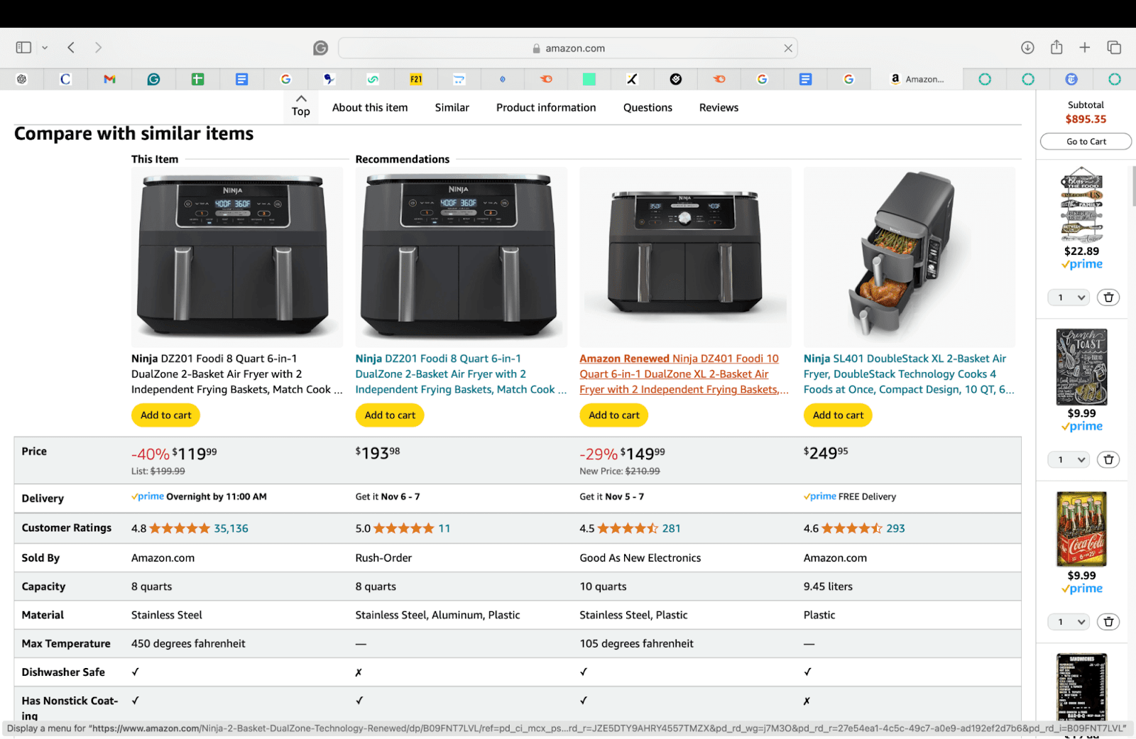 Screenshot of Amazon air fryer comparison chart 