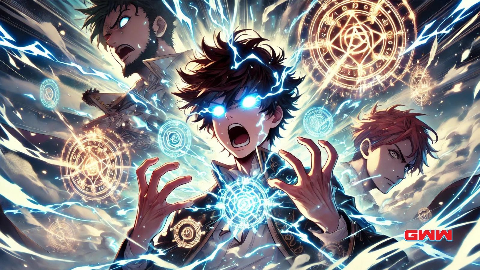 Three anime characters using magic with glowing energy symbols and intense expressions