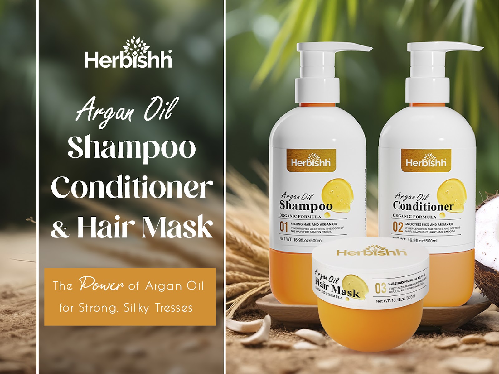 Herbishh Moroccan Argan Oil Shampoo and Conditioner Set with Hair Mask