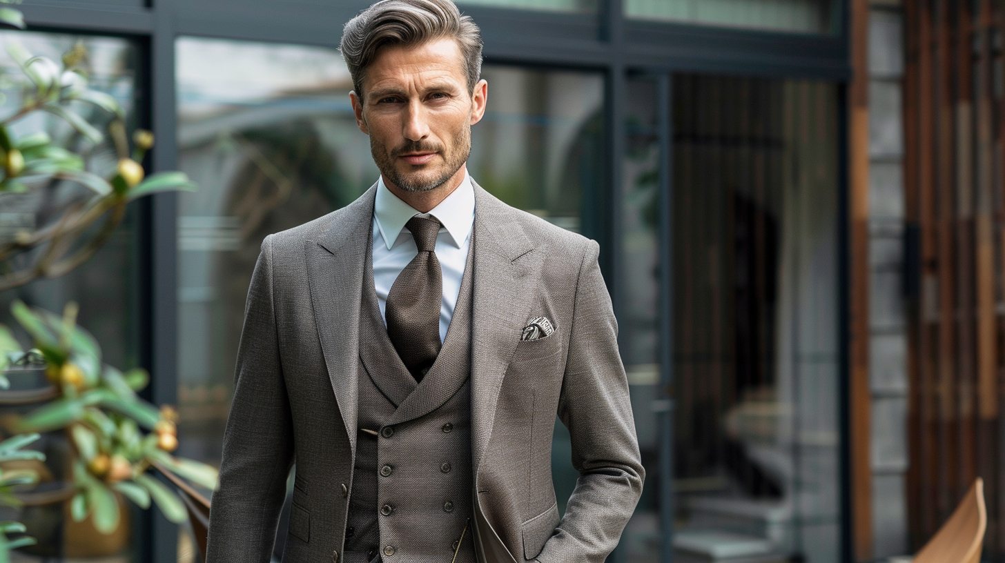 A man in a classic fit suit with a slightly relaxed cut, suitable for all body types. Traditional styling for conservative workplaces or formal family events. Neutral tones, timeless setting.