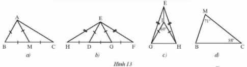 CHƯƠNG 8: TAM GIÁCBÀI 3: TAM GIÁC CÂN1. TAM GIÁC CÂNBài 1: Gấp đôi một tờ giấy hình chữ nhật ABCD theo đường gấp MS. Cắt hình gấp được theo đường chéo AS rồi trải phẳng hình cắt được ra ta có tam giác SAB (Hình 1). Em hãy so sánh hai cạnh SA và SB của tam giác này.Đáp án chuẩn:SA = SB.Thực hành 1: Tìm các tam giác cân trong Hình 4. Kể tên các cạnh bên, cạnh đáy, góc ở đỉnh, góc ở đáy của mỗi tam giác cân đó.Đáp án chuẩn:Tam giác cânCạnh bênCạnh đáyGóc ở đỉnhGóc ở đáyΔMHPMP = MHHPHMPMPH,MHP.ΔMEFME = MFEFEMFMEF, MFE.ΔMNPMN = MPNPNMPMNP, MPN..2. TÍNH CHẤT CỦA TAM GIÁC CÂNBài 2: Cho tam giác cân ABC cân tại A (Hình 5). Gọi M là trung điểm cạnh BC. Nối A với M. Em hãy làm theo gợi ý sau để chứng minh ABC=ACBXét ΔAMB và ΔAMC có:AB = ? (?)MB = MC (?)AM là cạnh ?Vậy ΔAMB=ΔAMC (c.c.c).Suy ra ABC=ACB Đáp án chuẩn:ΔAMB=ΔAMC (c.c.c).ABC=ACB.Thực hành 2:  Tìm số đo các góc chưa biết của mỗi tam giác trong Hình 7.Đáp án chuẩn:P=700; M=400; F=H=550Vận dụng 1: Trong hình mái nhà ở Hình 8, tính góc B và góc C, biết  A = 110°Đáp án chuẩn: B = C = 350Bài 3: Cho tam giác ABC có  A   =  C. Vẽ đường thẳng đi qua điểm B, vuông góc với AC và cắt AC tại H (Hình 9). Em hãy làm theo gợi ý sau để chứng minh BA = BC.Đáp án chuẩn:Xét  và  cùng vuông tại H, ta có:BH là cạnh góc vuông ; ABH=CBH Vậy . Suy ra BA = BC.Thực hành 3: Tìm các tam giác cân trong Hình 11 và đánh dấu các cạnh bằng nhau.Đáp án chuẩn: cân tại A,  cân tại NVận dụng 2: Cho tam giác ABC cân tại A có góc B bằng 60o. Chứng minh rằng tam giác ABC đều.Đáp án chuẩn:+) BAC=BCA=60o. ΔABC cân tại B BA = BC.Theo chứng minh trên: AB = AC = BC  ΔABC tam giác đều (đpcm).BÀI TẬP