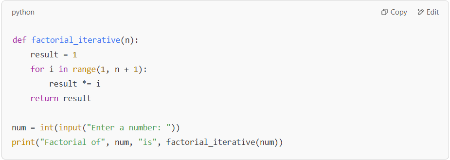 Iterative method to find factorial using a loop.