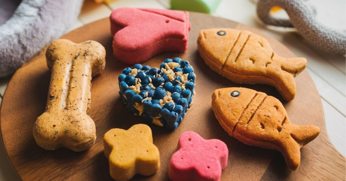 A wooden tray displaying dog biscuits and toys, showcasing a variety of safe treats for pets to enjoy.