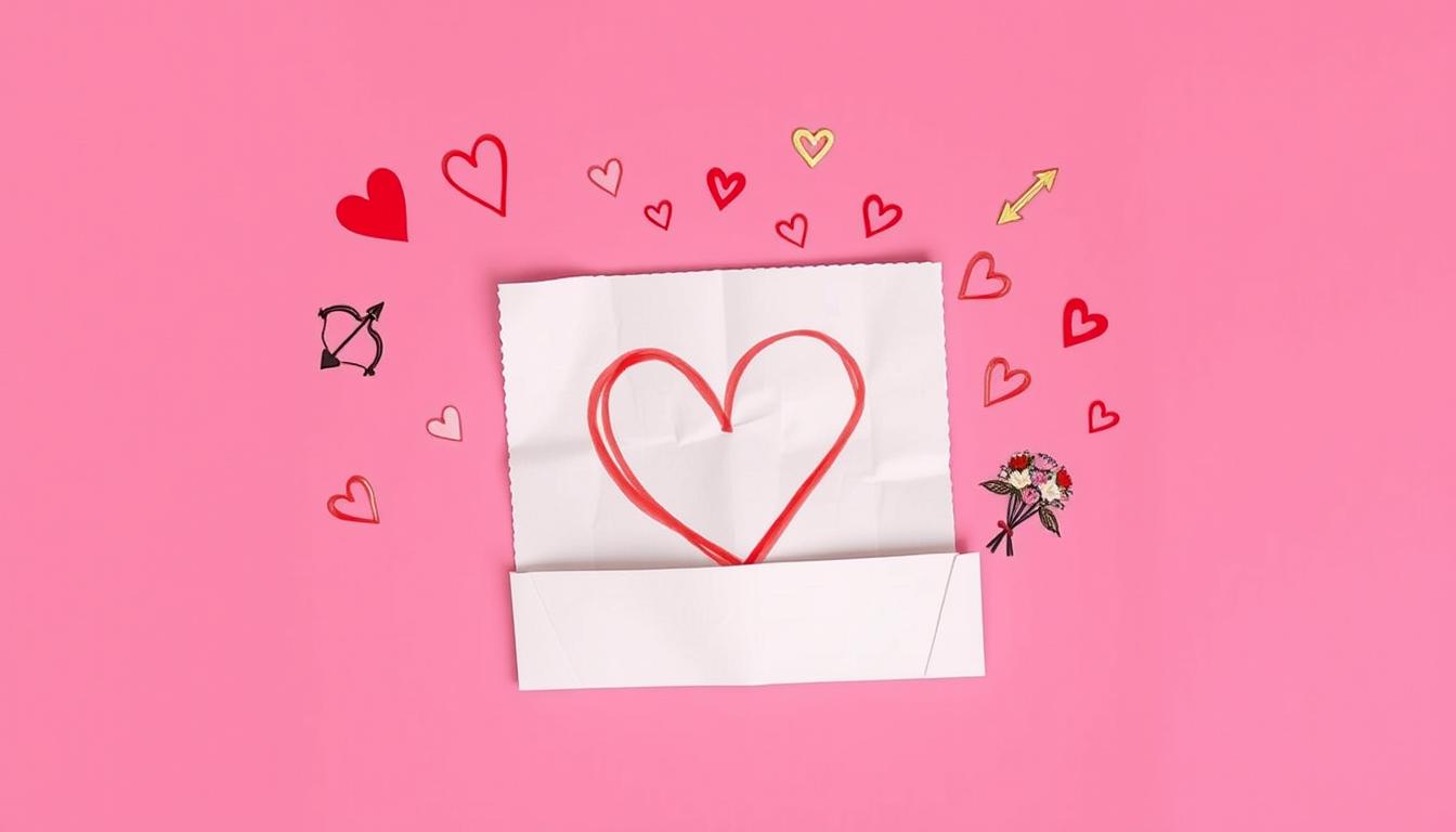 An image of a piece of paper with a heart drawn on it, surrounded by smaller hearts and symbols of love, such as Cupid's bow and arrow and a bouquet of flowers. The paper should be folded in half, with the heart facing outward, as if it is waiting to be placed in a pocket or given to someone. The background should be a vibrant shade of pink, representing the passion and excitement of manifesting your crush's affection.