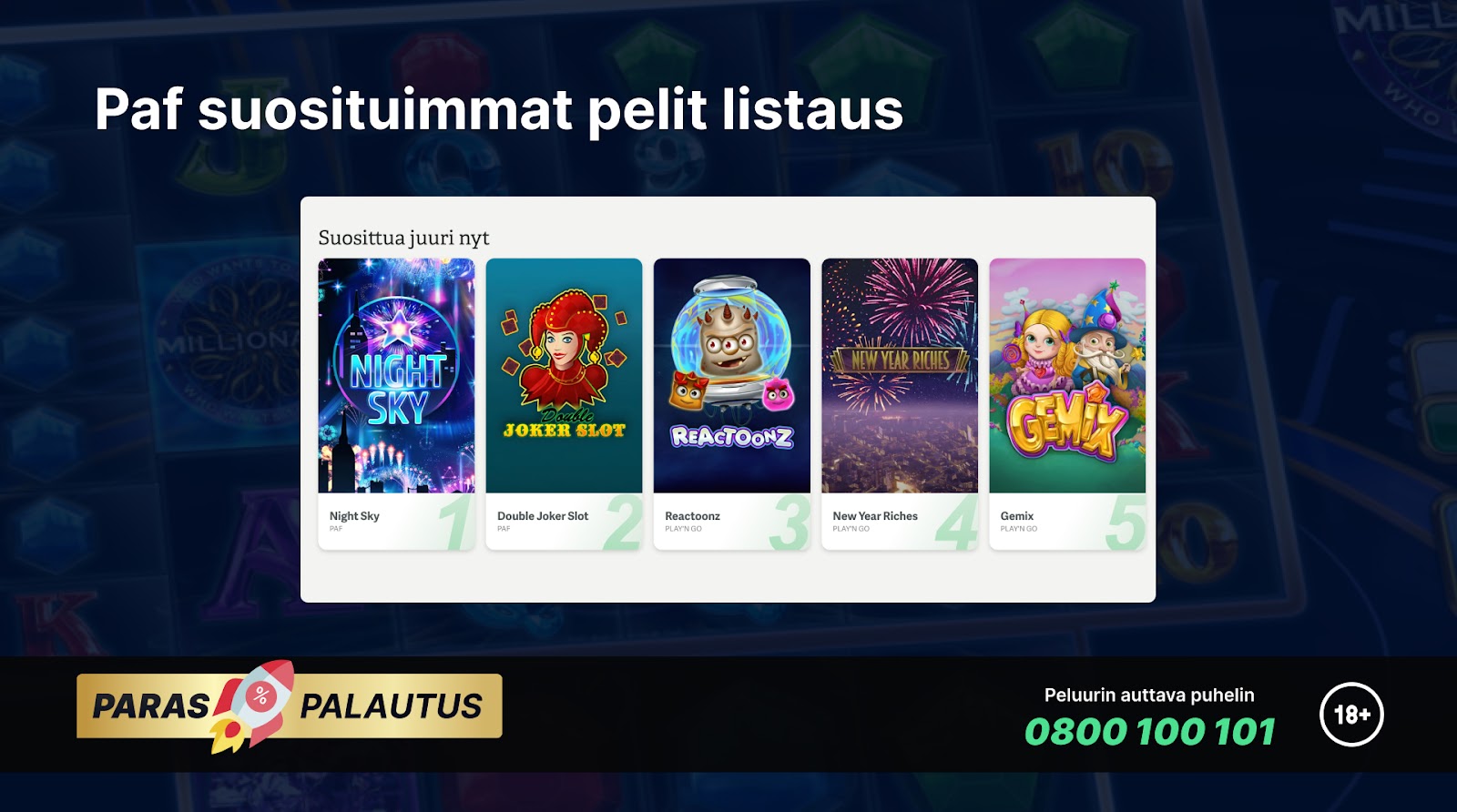 Näyttää Pafin suosituimpien pelien numeroidun listauksen, mukaan lukien kärkeä pitävän Night Sky, ja sitä seuraavat Double Joker Slot, Reactoonz, New Year Riches ja Gemix pelit.
