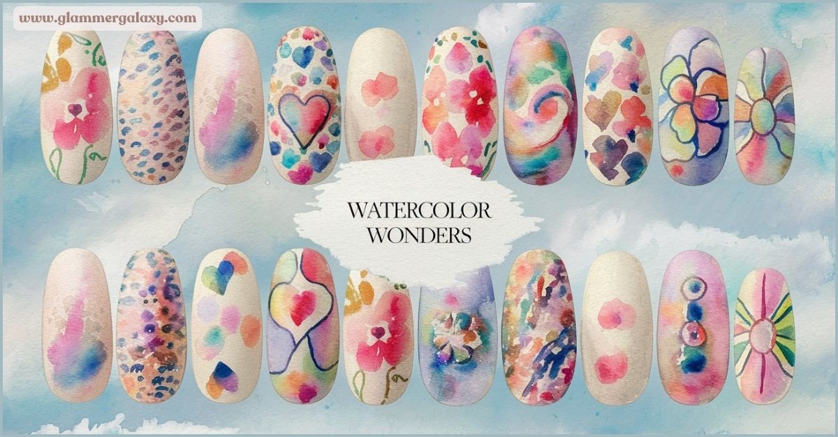 Assortment of nail art designs with watercolor floral and abstract patterns.