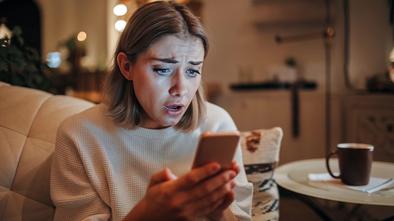 Create a realistic image of a shocked white female looking at her smartphone screen displaying news headlines about mental health, sitting in a cozy living room with a worried expression, warm lighting, and a coffee mug nearby on a side table.