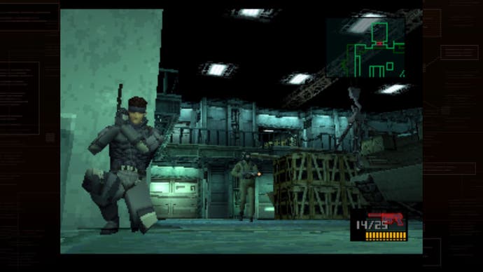 Tangkapan layar Metal Gear Solid PS1 yang menunjukkan Snake berjongkok dengan pistol di belakang sudut sambil menunggu penjaga