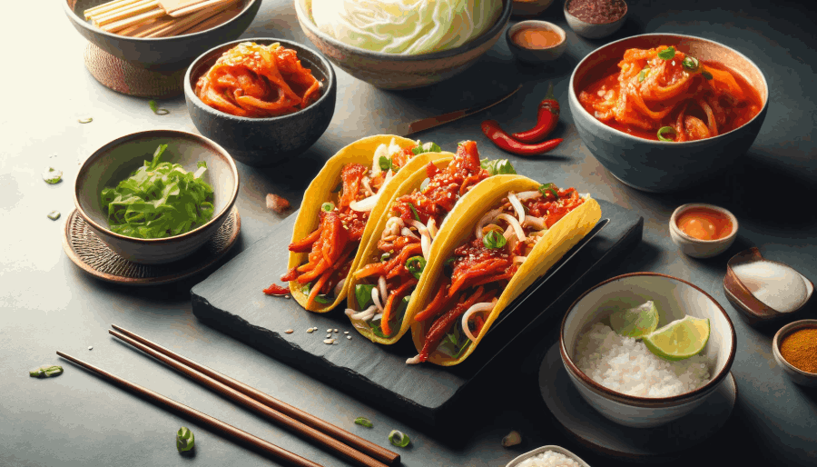 A beautifully presented fusion dish, such as kimchi tacos, showcasing the blend of Korean and Mexican culinary elements.