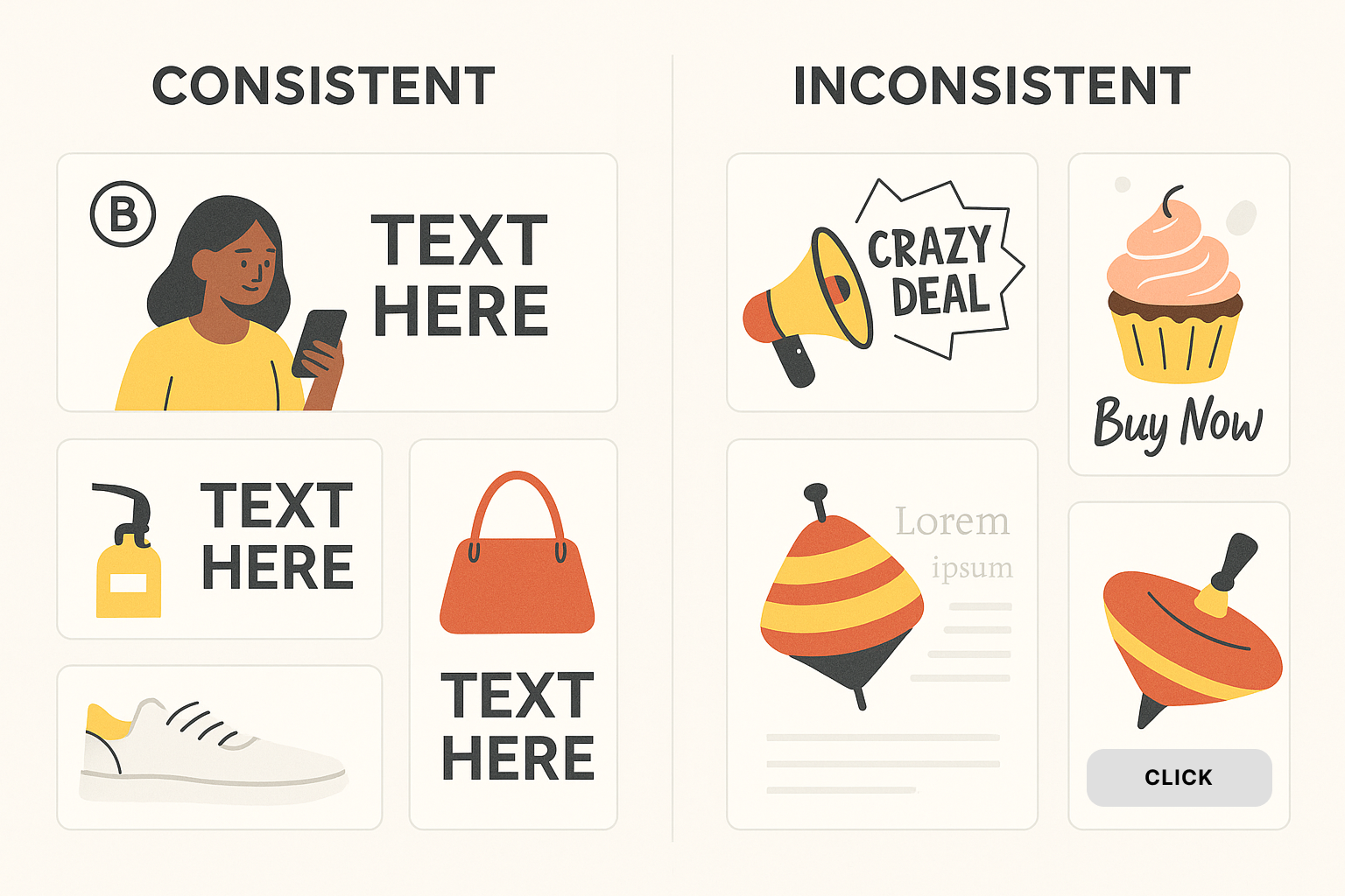 A side-by-side 2D illustration compares consistent ads using unified colors and layout with inconsistent ads featuring clashing fonts and visuals