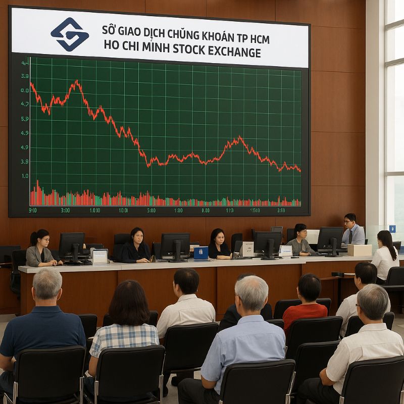 Nhìn toàn cảnh sàn HOSE với màn hình bảng giá chứng khoán