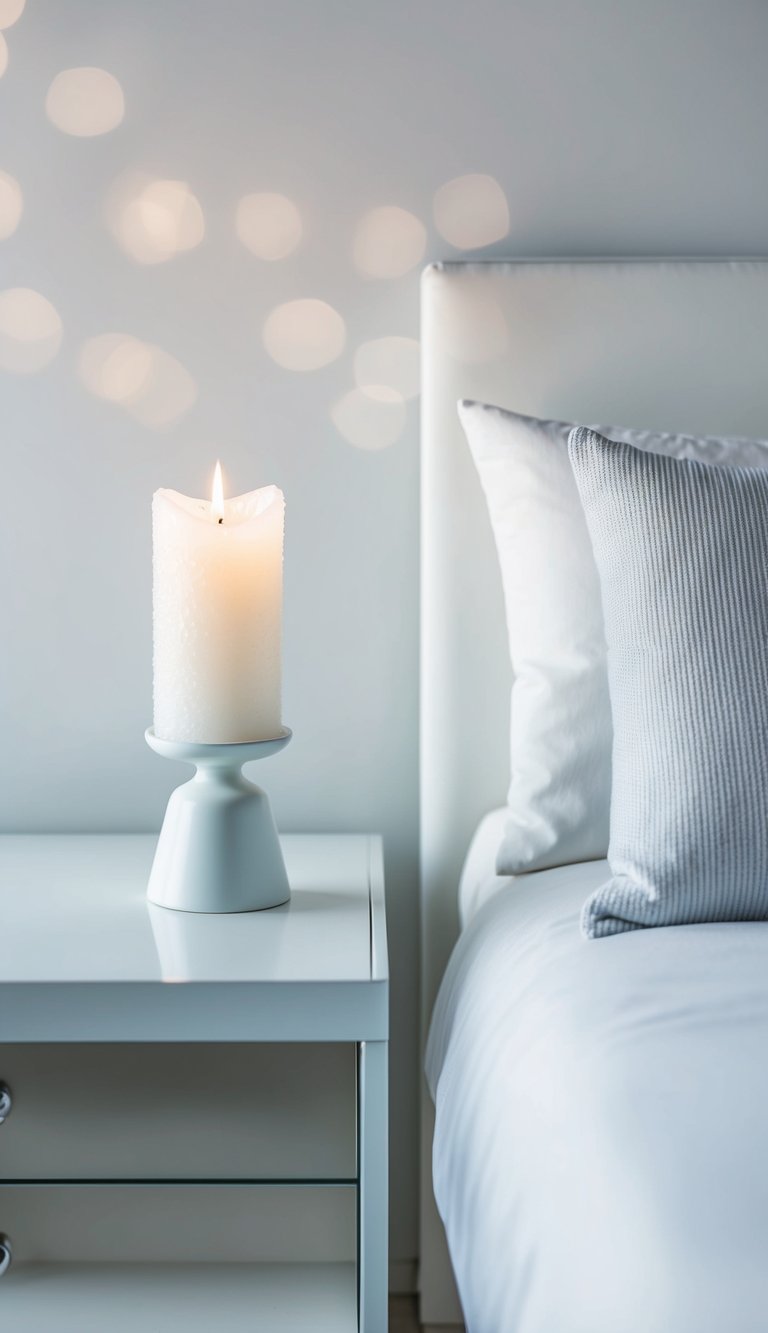 A frosty white candle holder sits on a sleek, modern bedside table in a serene, minimalist white bedroom