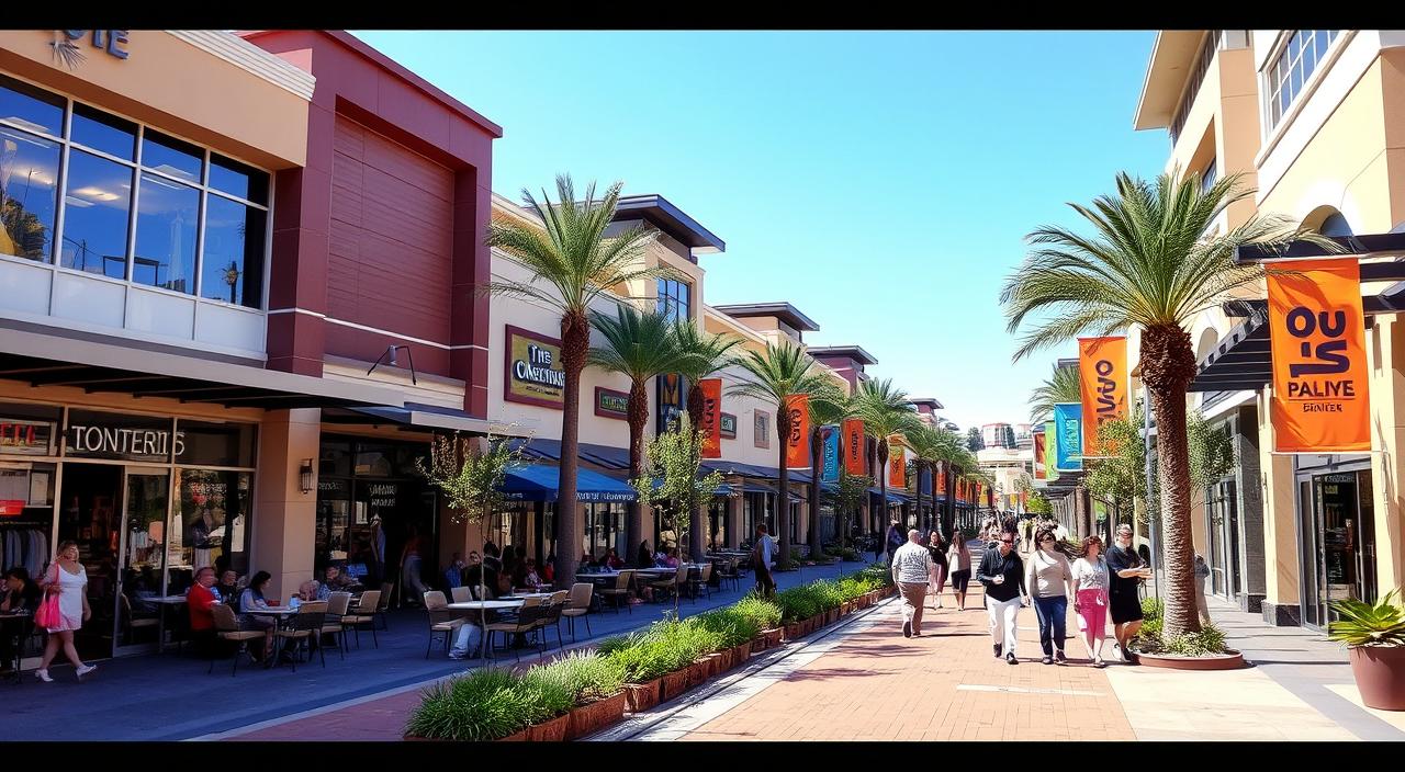 A vibrant outdoor shopping center with modern architecture, featuring a variety of retail stores, bustling diners with outdoor seating, lush landscaping, palm trees, and colorful banners. The scene captures a sunny day with shoppers strolling leisurely, showcasing a blend of fashion and culinary experiences in a lively atmosphere.