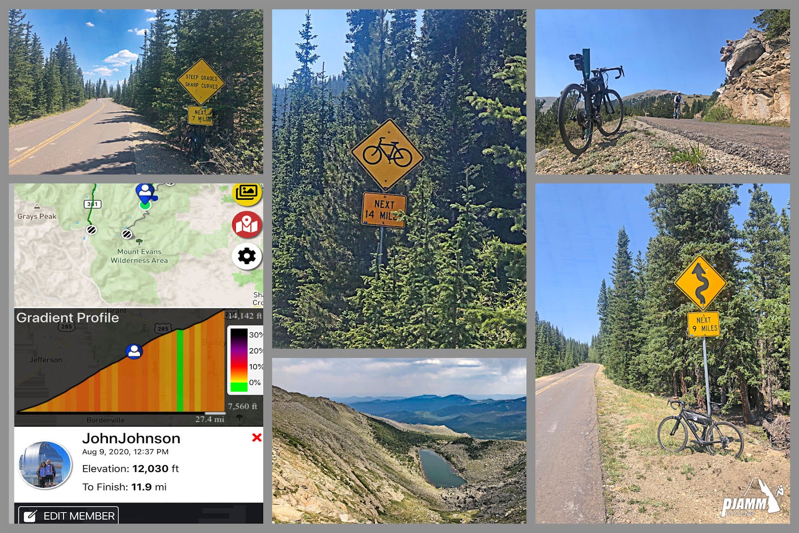 Cycling Mt. Evans, Colorado - photo collage, PJAMM Cycling logo in corner, views of road signs along climb, climb map and gradient, bike parked along roadway next to rock formation 