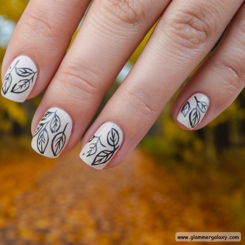 White Fall Nails having Intricate Line Art
