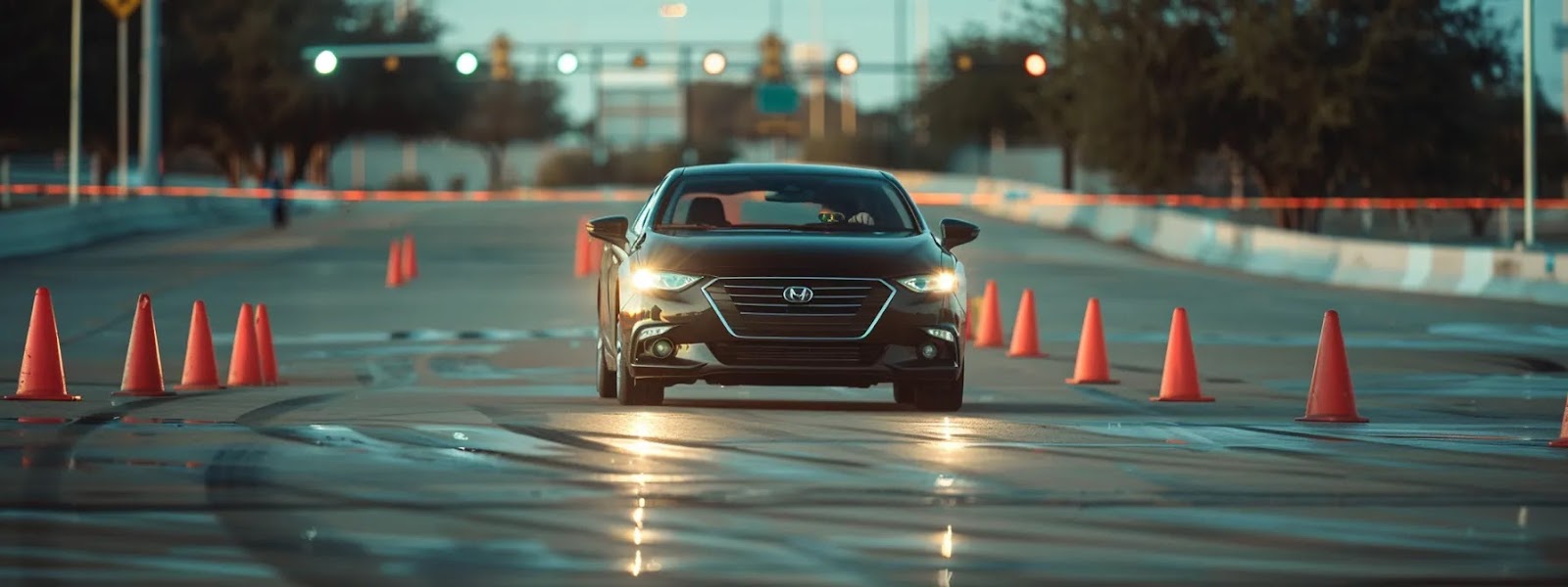 a young driver confidently navigating a defensive driving course in oklahoma city, with a sleek, low-risk vehicle beside them.