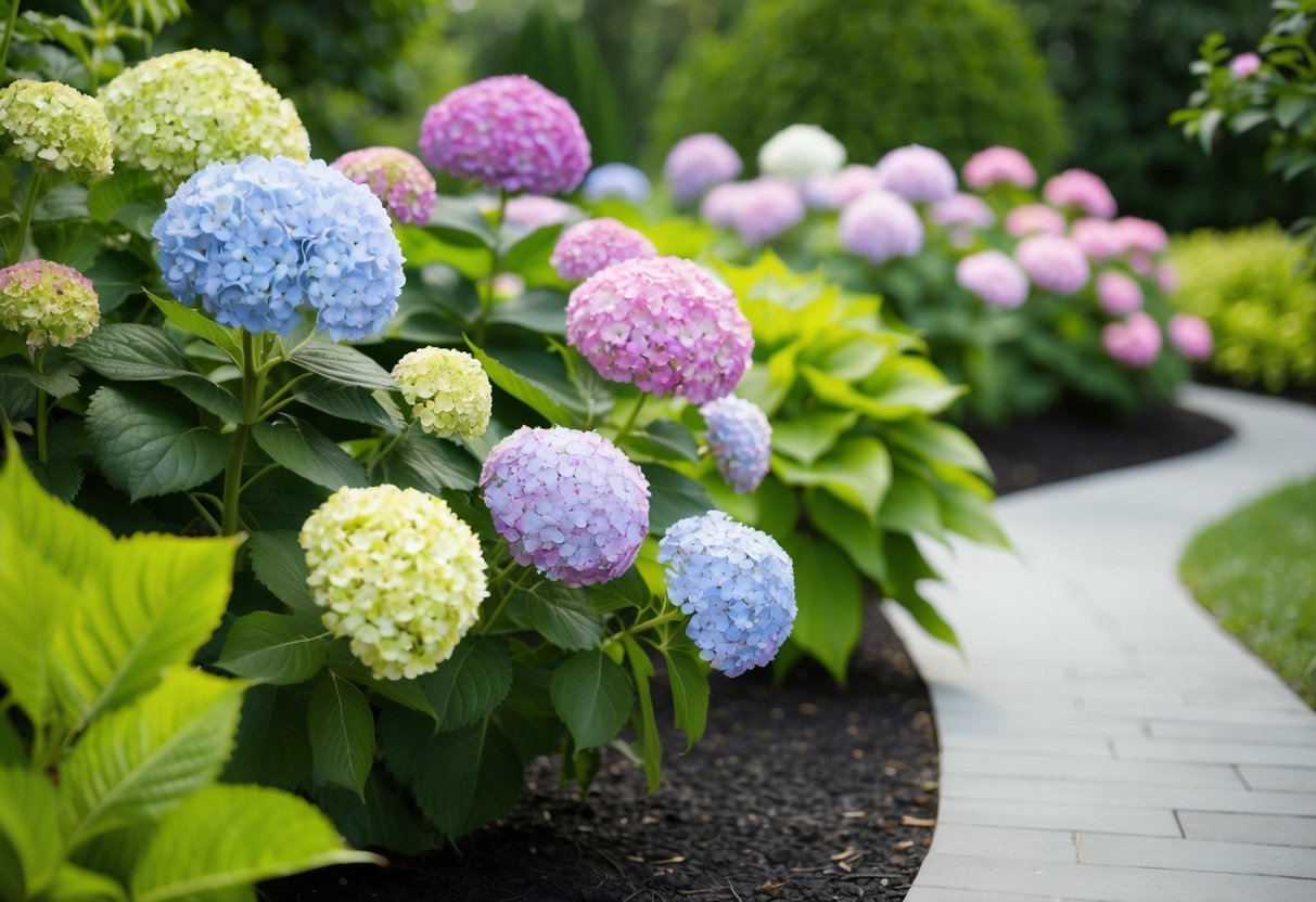 A garden with hydrangeas in various colors and sizes, surrounded by lush greenery and a winding pathway. A serene, peaceful atmosphere with the hydrangeas as the focal point