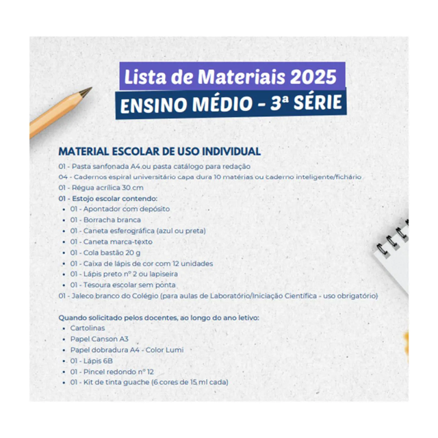 Lista de material escolar 3º ano Ensino médio
